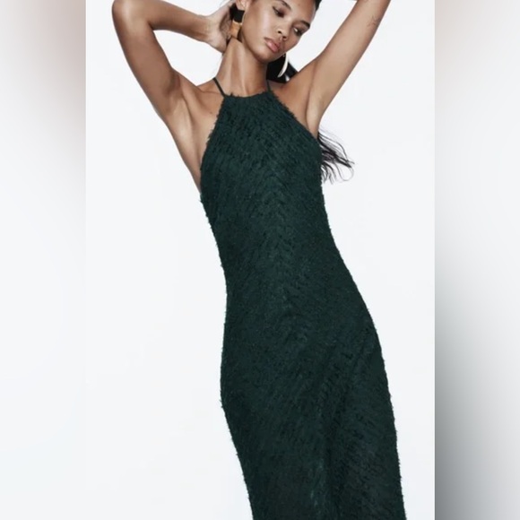 Zara Dresses & Skirts - Zara HALTER DRESS WITH FRINGE. Bottle Green. Size S. New with Tags.